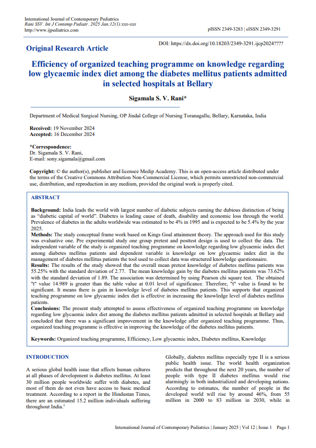 "Efficiency of organized teaching programme on knowledge regarding low glycaemic index diet among the diabetes mellitus patients admitted in selected hospitals at Bellary"